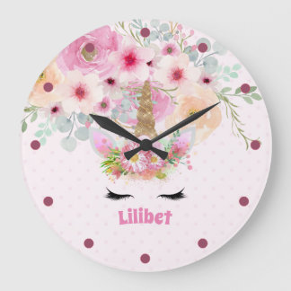 Lilibet Name Unicorn Pink Floral Girls Bedroom Large Clock
