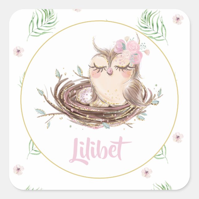 Lilibet Owl Baby Girl Shower Square Sticker (Front)