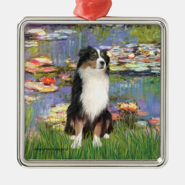 Lilies 2 - Tri Australian Shepherd Metal Tree Decoration (Front)
