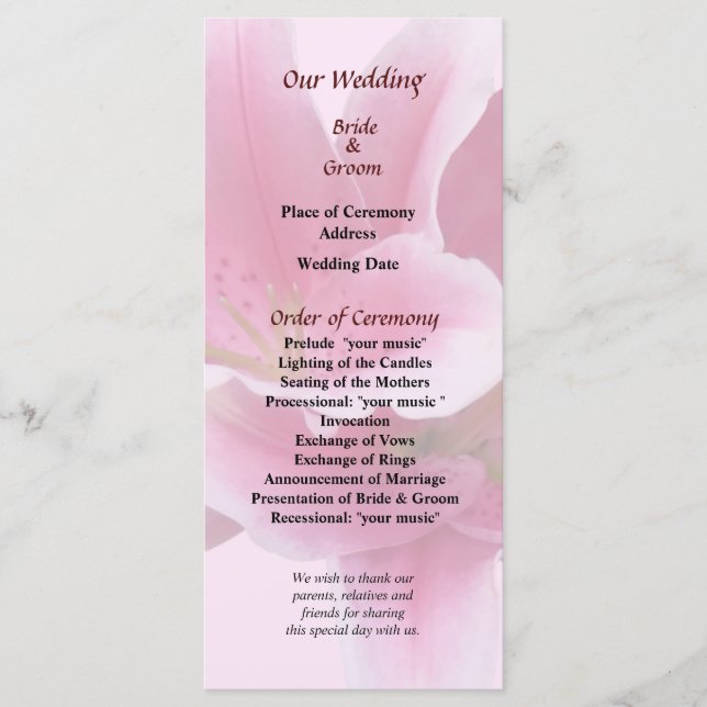 Lilies Arm in Arm Wedding Program Programme (Front)