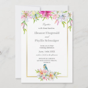 Lilies Bird Watercolor Wedding Invitation