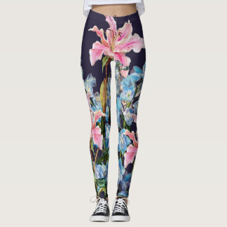 Lilies, delphiniums border: watercolor painting. leggings