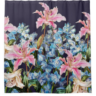Lilies, delphiniums border: watercolor painting. shower curtain