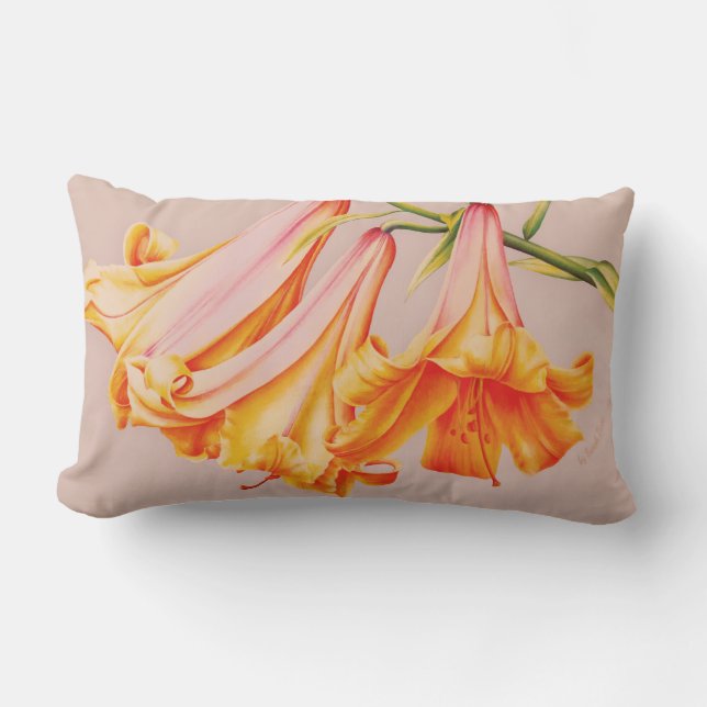 Lilies fine art by Sarah Trett orange pillow (Front)