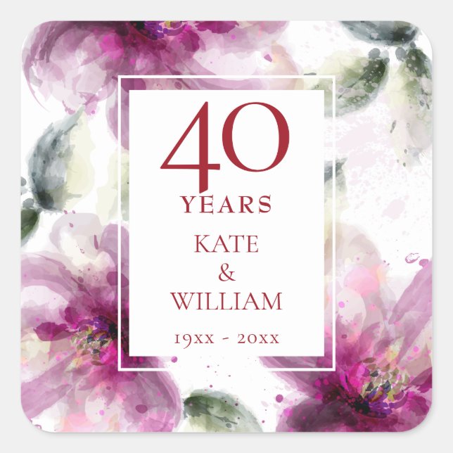 Lilies Floral 40th Ruby Wedding Anniversary Square Sticker (Front)