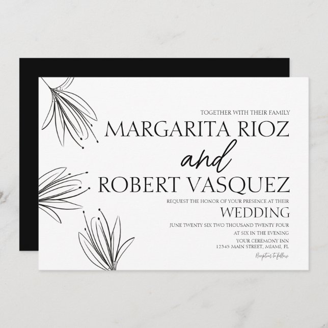 Lilies Hand Drawn Elegant Script Wedding Invitation (Front/Back)