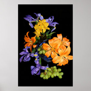Lilies, irises and grapes poster