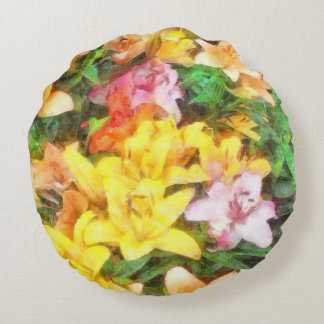 Lilies Love and Light Watercolor Round Cushion