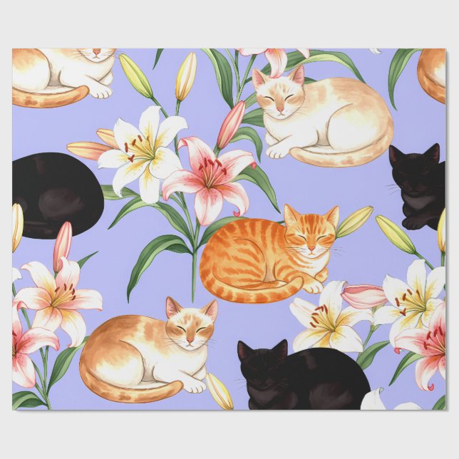 Lilies & Naps – Resting Cats in Bloom Wrapping Paper (Flat)