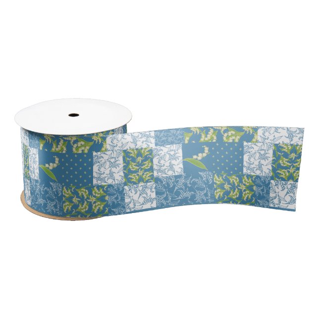 Lilies-of-the-Valley Blue Green Faux Patchwork Satin Ribbon (Spool)