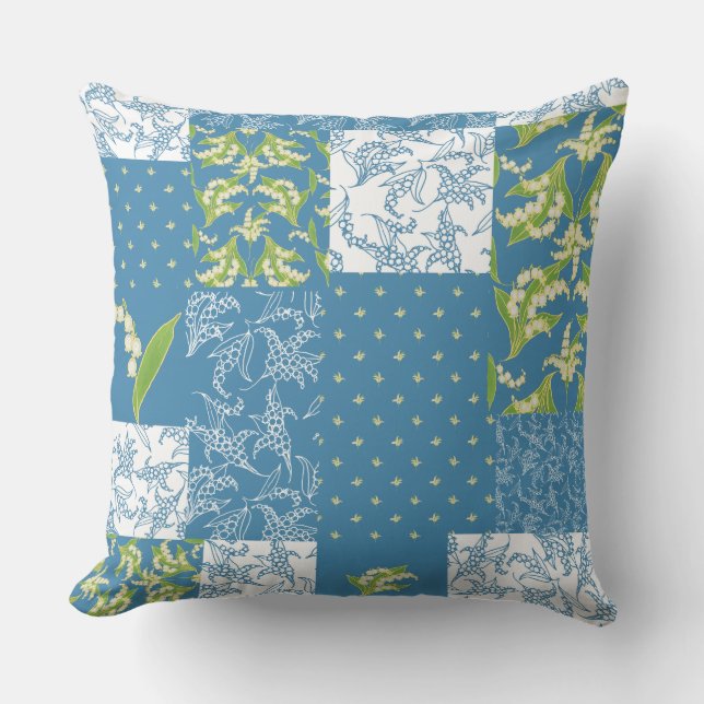 Lilies-of-the-Valley Faux Patchwork, Blue Cushion (Front)