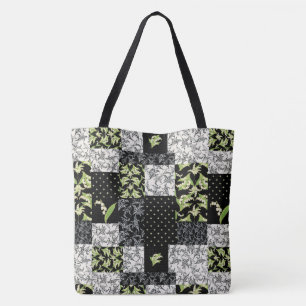 Lilies-of-the-Valley Faux Patchwork in Black Tote Bag