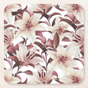 Lilies on white. Floral pattern Square Paper Coaster