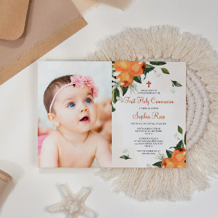 Lilies & Orange Floral Photo First Holy Communion Invitation