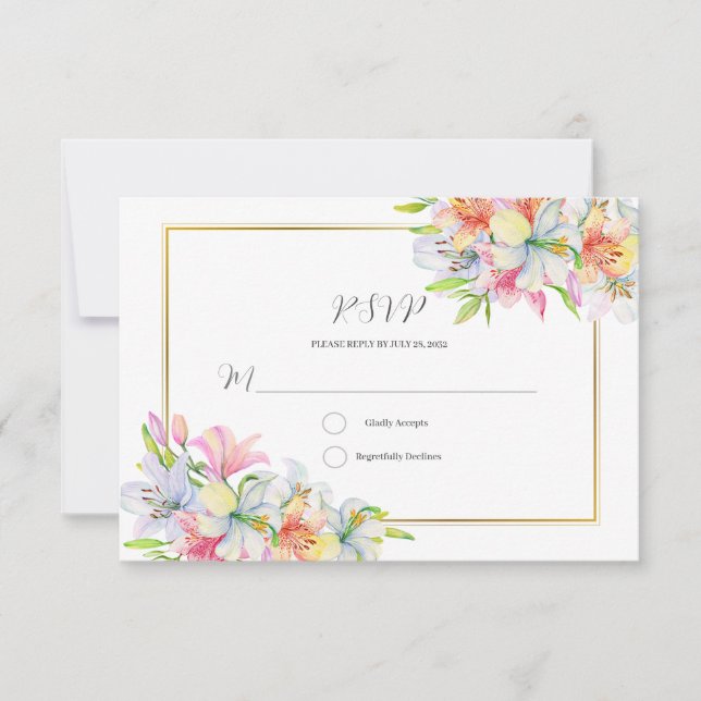 Lilies watercolor flowers wedding rsvp card (Front)