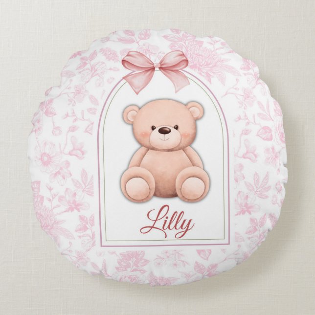 Lilly | Custom Pink Teddy Bear Nursery Design  Round Cushion (Front)