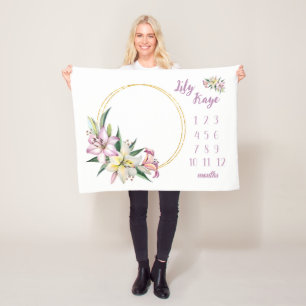 Lily Baby Girl Milestone Blanket, Lily Flower Baby Fleece Blanket