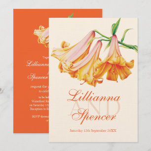 Lily bell flower art orange  cream wedding invitation