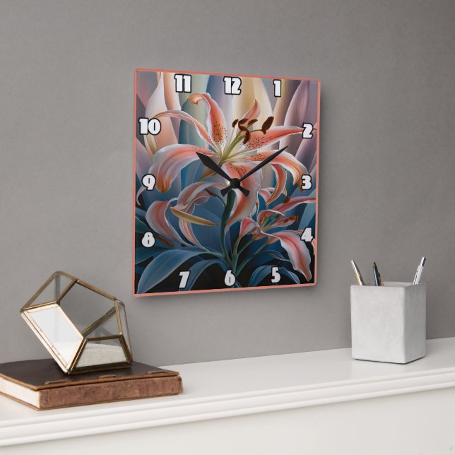 Lily Blooming Among Colourful Leaves at Dusk Square Wall Clock (Office)
