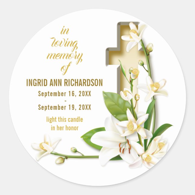 Lily Cross Funeral Memorial Classic Round Sticker (Front)