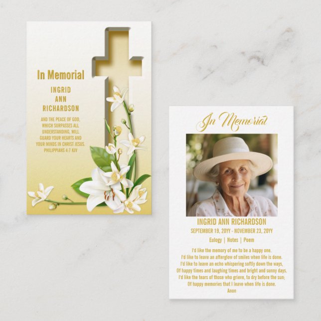 Lily Cross Scripture Photo Funeral Memorial Business Card (Front/Back)