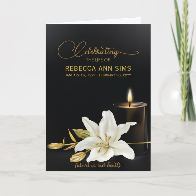 Lily Floral Black and Gold Funeral Program Invitation (Front)