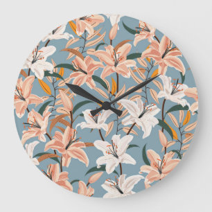 Lily Floral Blue Vintage Print Large Clock