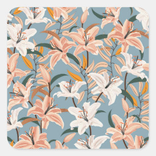 Lily Floral Blue Vintage Print Square Sticker
