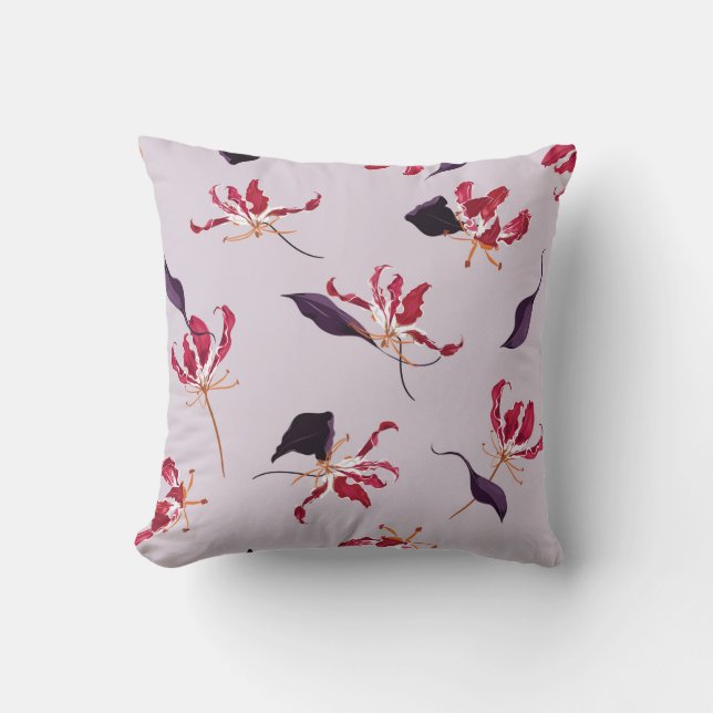Lily floral hand drawn illustration pattern cushion (Front)