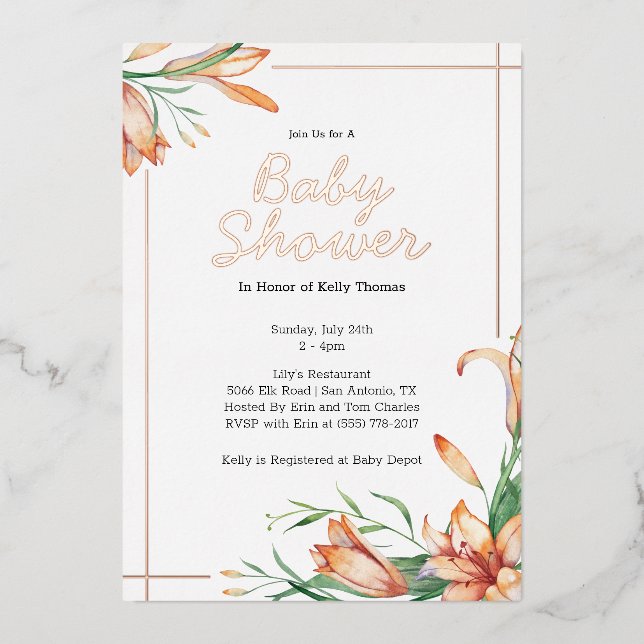 Lily Floral Orange Watercolor Elegant Baby Shower (Front)
