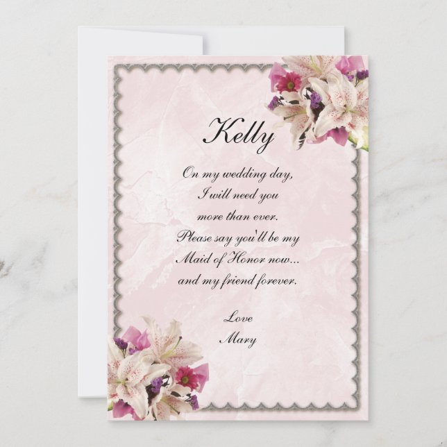 Lily Floral Pink Marble Wedding Maid Of Honour Invitation (Front)