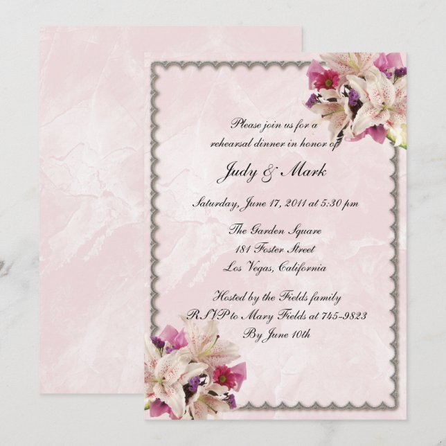 Lily Floral Pink Marble Wedding Rehearsal Dinner Invitation (Front/Back)