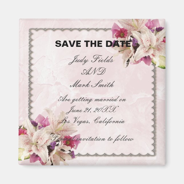 Lily Floral Pink Marble Wedding Save The Date Magnet (Front)