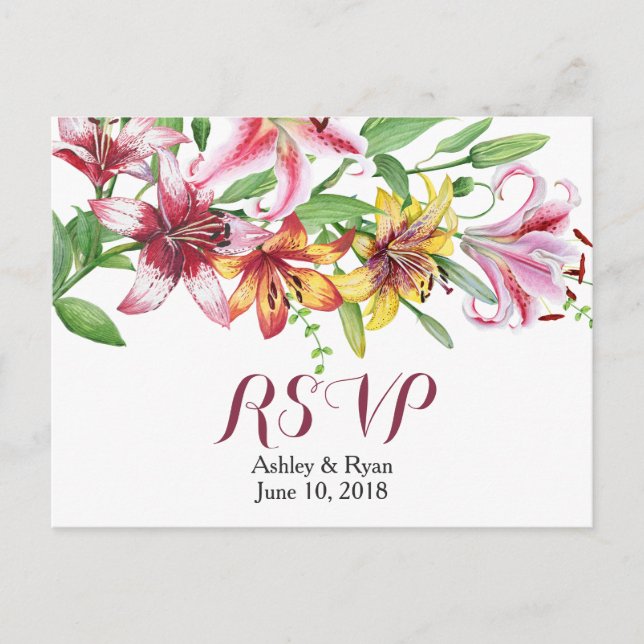 Lily Flower Bouquet Wedding RSVP Invitation Postcard (Front)