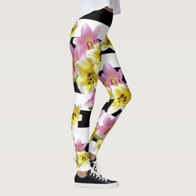 Lily Flower Lilies Striped Floral Pattern Leggings (Right)