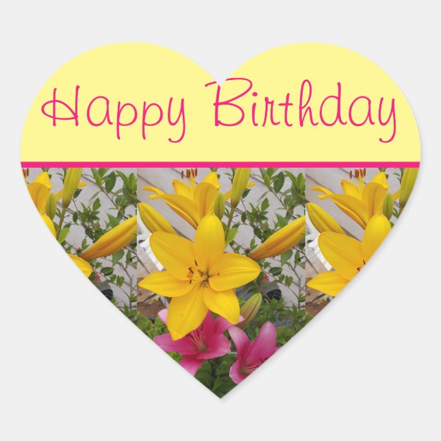 Lily Flower Red Yellow floral Happy Birthday  Heart Sticker (Front)