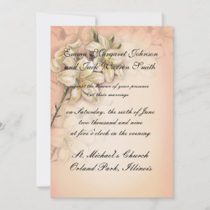 lily flowers art  design on peach wedding invitation