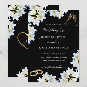 Lily Flowers Black White Modern Wedding Invitation