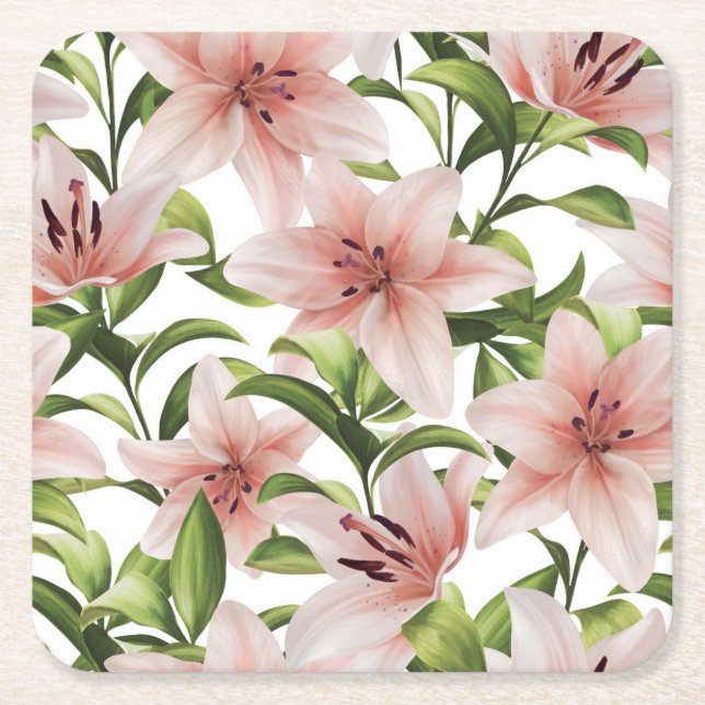 Lily flowers. Floral pattern Square Paper Coaster (Front)