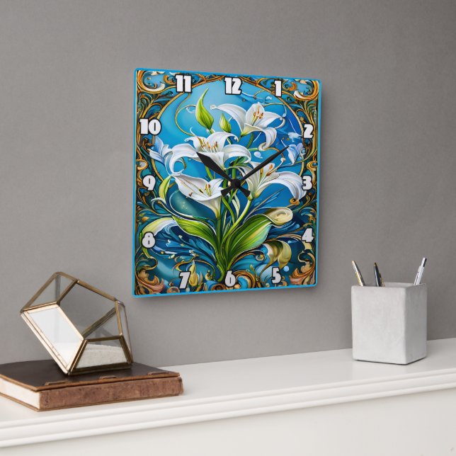 Lily Flowers in Ornate Floral Design Square Wall Clock (Office)