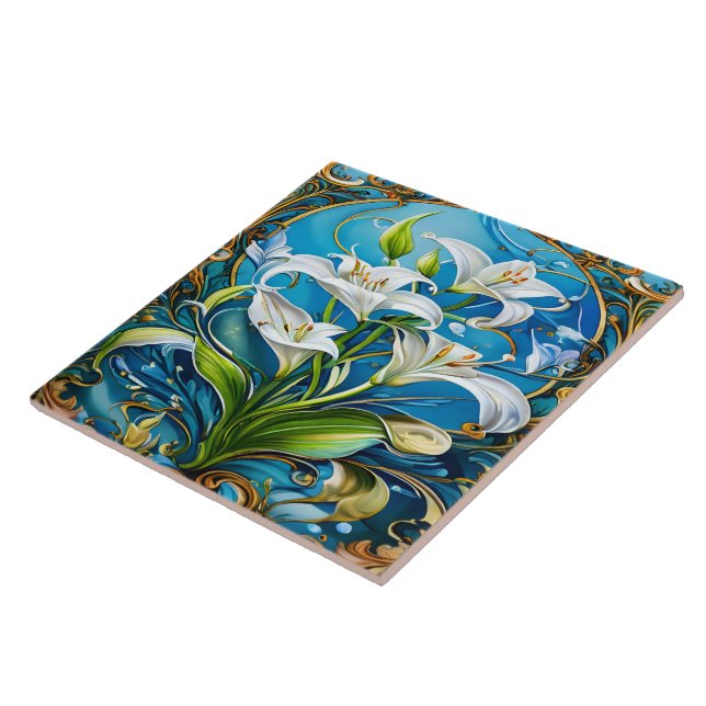 Lily Flowers in Ornate Floral Design Tile (Side)