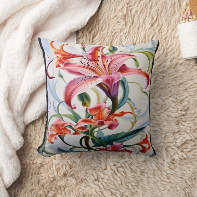 Lily Flowers in Vibrant Colours on Light Backgroun Cushion (Blanket)