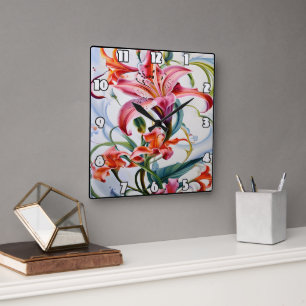 Lily Flowers in Vibrant Colours on Light Backgroun Square Wall Clock