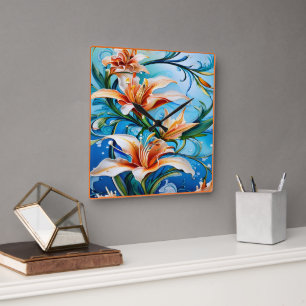Lily Flowers on Blue Floral Background Square Wall Clock