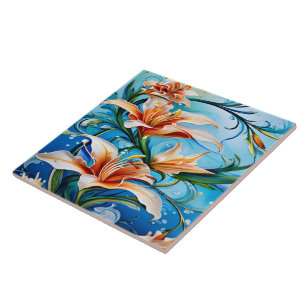 Lily Flowers on Blue Floral Background Tile