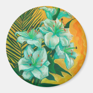 Lily Flowers Palm Leaf, Spring Floral Art Painting Magnet