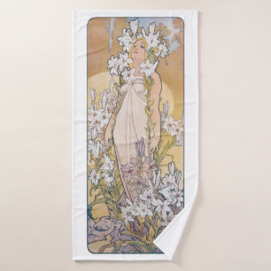 Lily (Four Flowers), Alphonse Mucha Bath Towel