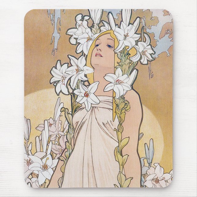 Lily (Four Flowers), Alphonse Mucha Mouse Mat (Front)