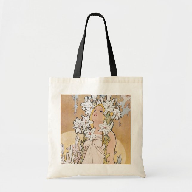 Lily (Four Flowers), Alphonse Mucha Tote Bag (Front)