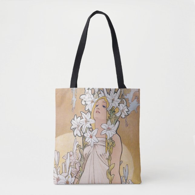 Lily (Four Flowers), Alphonse Mucha Tote Bag (Front)